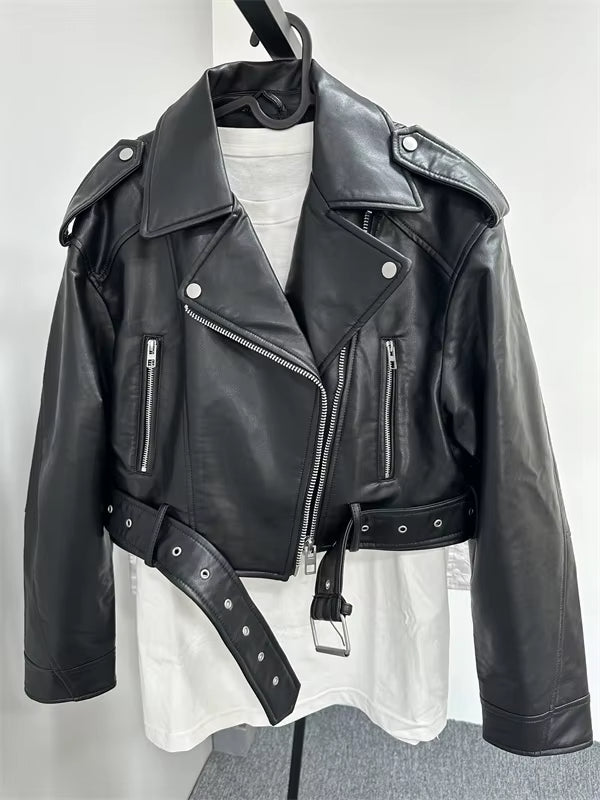 2026 New Coal graysty le Women's washed leather jacket with belt, short coat with downgraded zipper and vintage lapel jacket