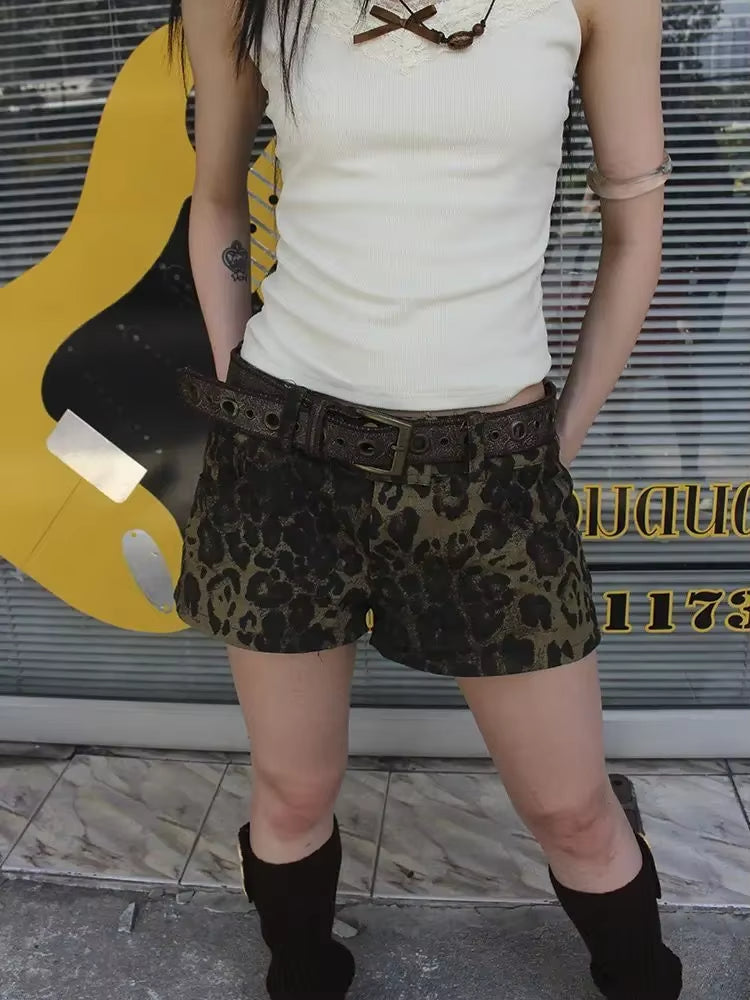 HOUZHOU Sexy Leopard Printed Denim Shorts Women Vintage Low Waist Gyaru Streetwear Summer 2026 Chic Female Retro Short Jeans