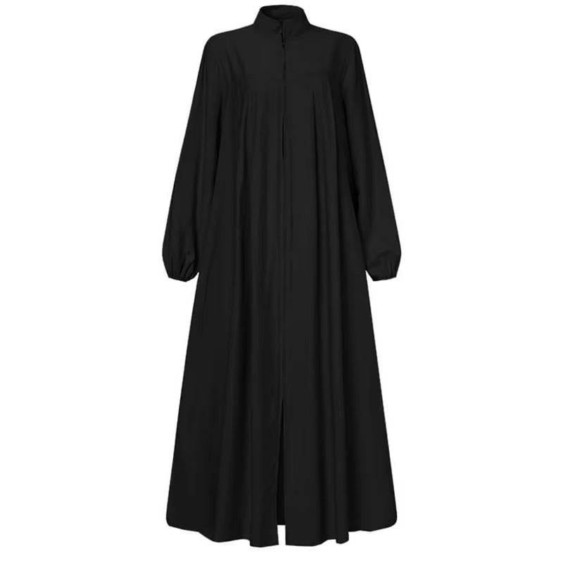 Elegant Black Abaya Dress – Stand Collar Long Sleeve Modest Maxi with Zipper Pocket, Loose Casual Islamic Wear