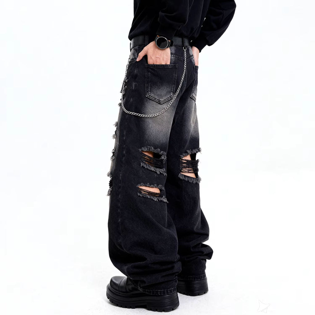 American Street Retro Men's Black Baggy Wide Leg Ripped Jeans Gothic Tear Style Unisex Loose Straight Leg Denim Pants Clothes