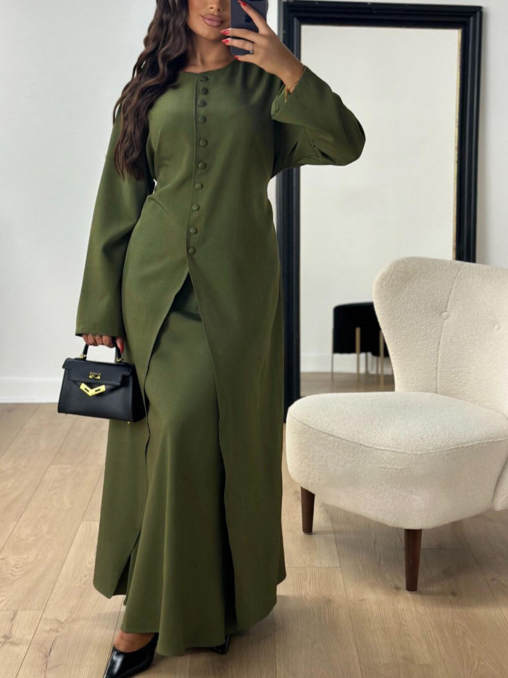 Elegant Green Abaya Set for Women – 2 Piece Satin Kaftan Dress, O Neck Button Front Modest Maxi Evening Gown