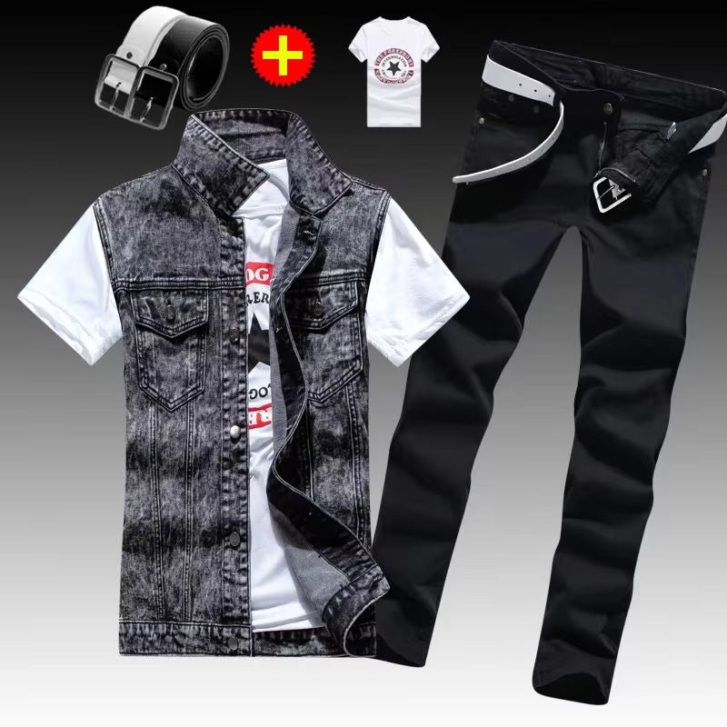 Men’s Slim Fit 3PCS Denim Set – Sleeveless Jacket, T-Shirt & Pencil Pants, Casual Spring Autumn Outfit for Men