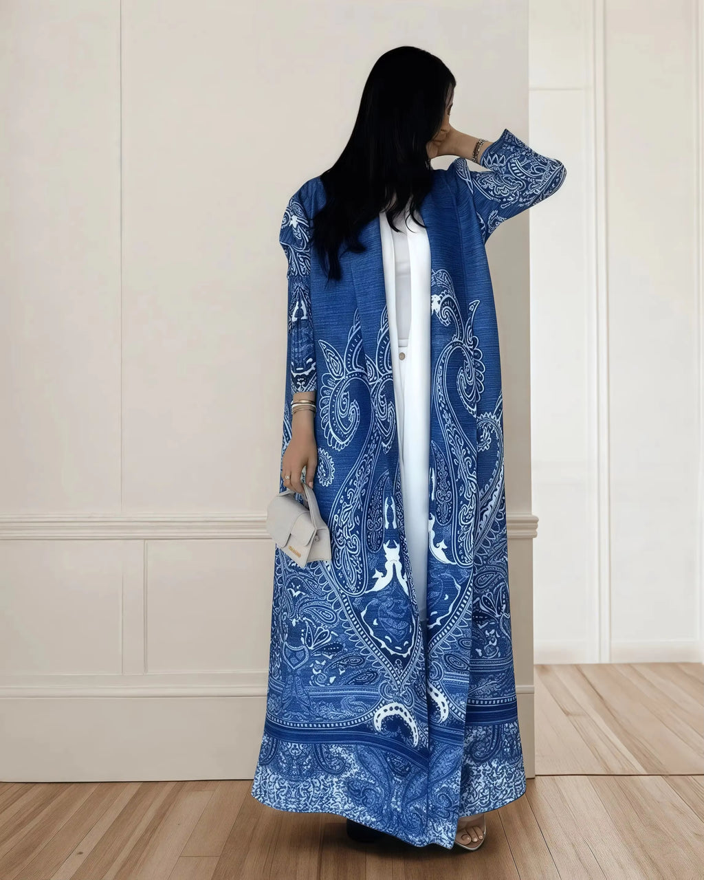 Elegant Pleated Open Front Abaya – Vintage Print Miyake Style Kimono Cardigan, Lightweight Modest Long Robe