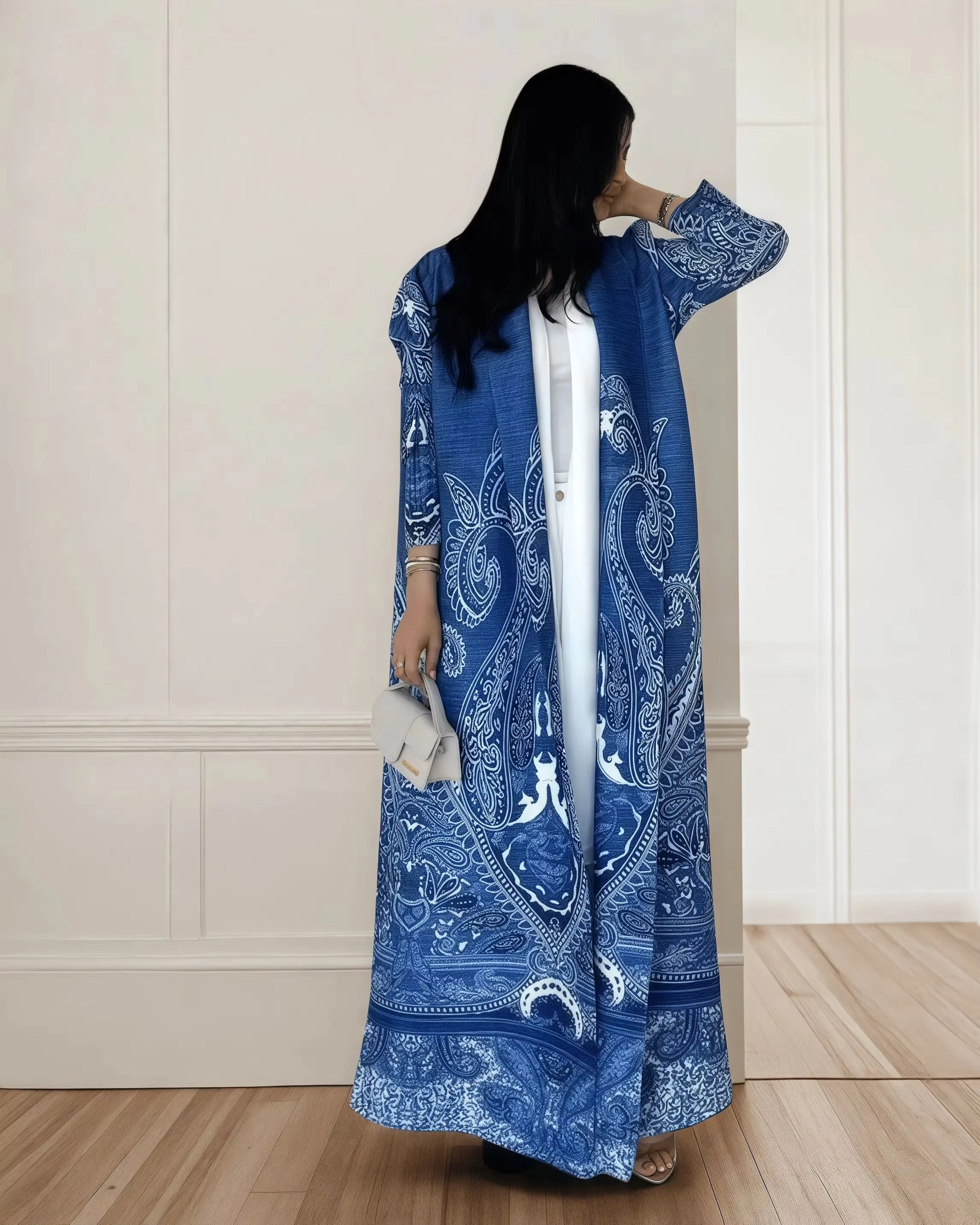 Elegant Pleated Open Front Abaya – Vintage Print Miyake Style Kimono Cardigan, Lightweight Modest Long Robe