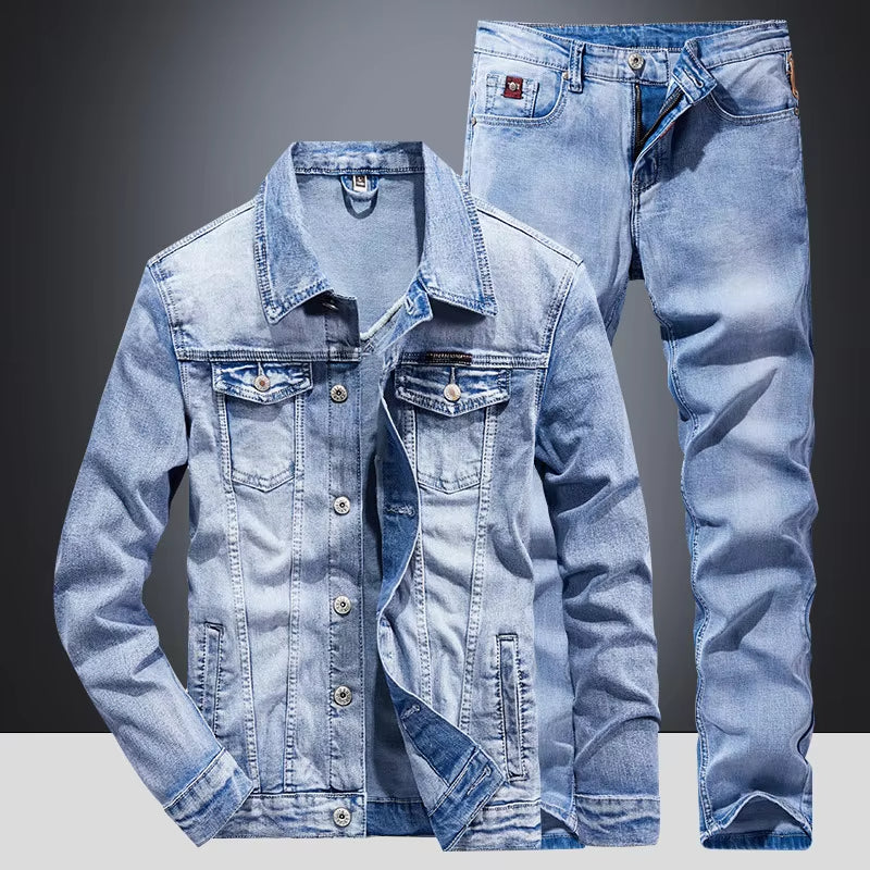 Men’s Slim Fit Denim Suit Set – Micro-Stretch Jacket & Jeans, Spring Autumn Streetwear Outfit