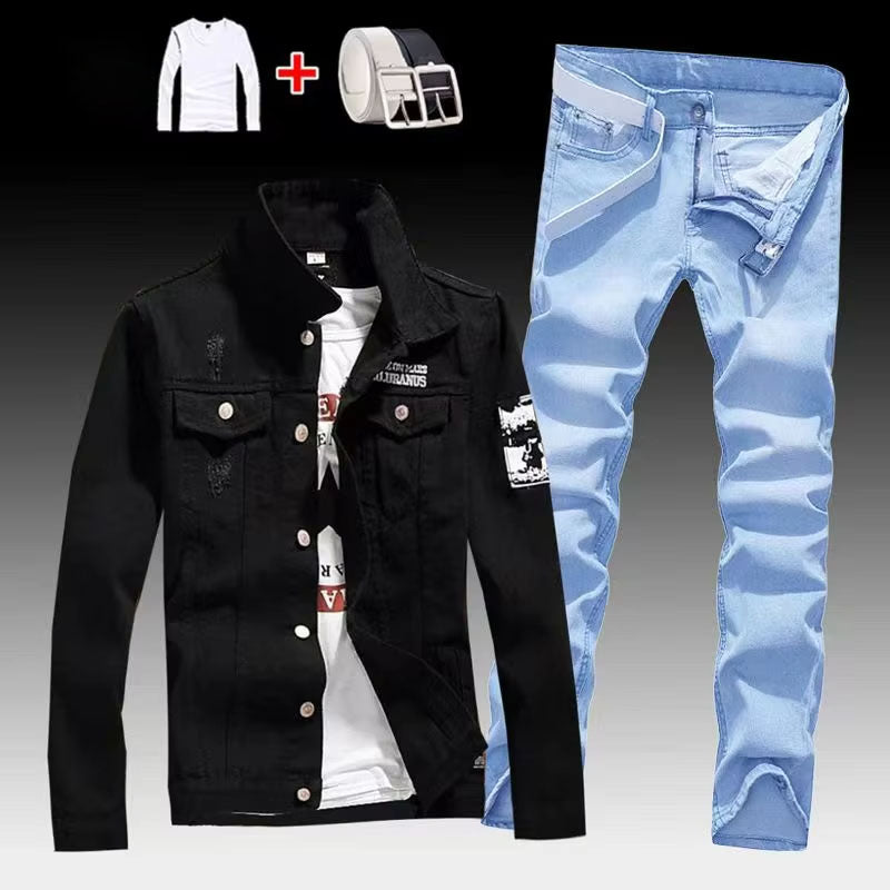 Men's Black Denim Jacket with Light Blue Slim Fit Jeans, Casual Streetwear 2 Piece Outfit Set