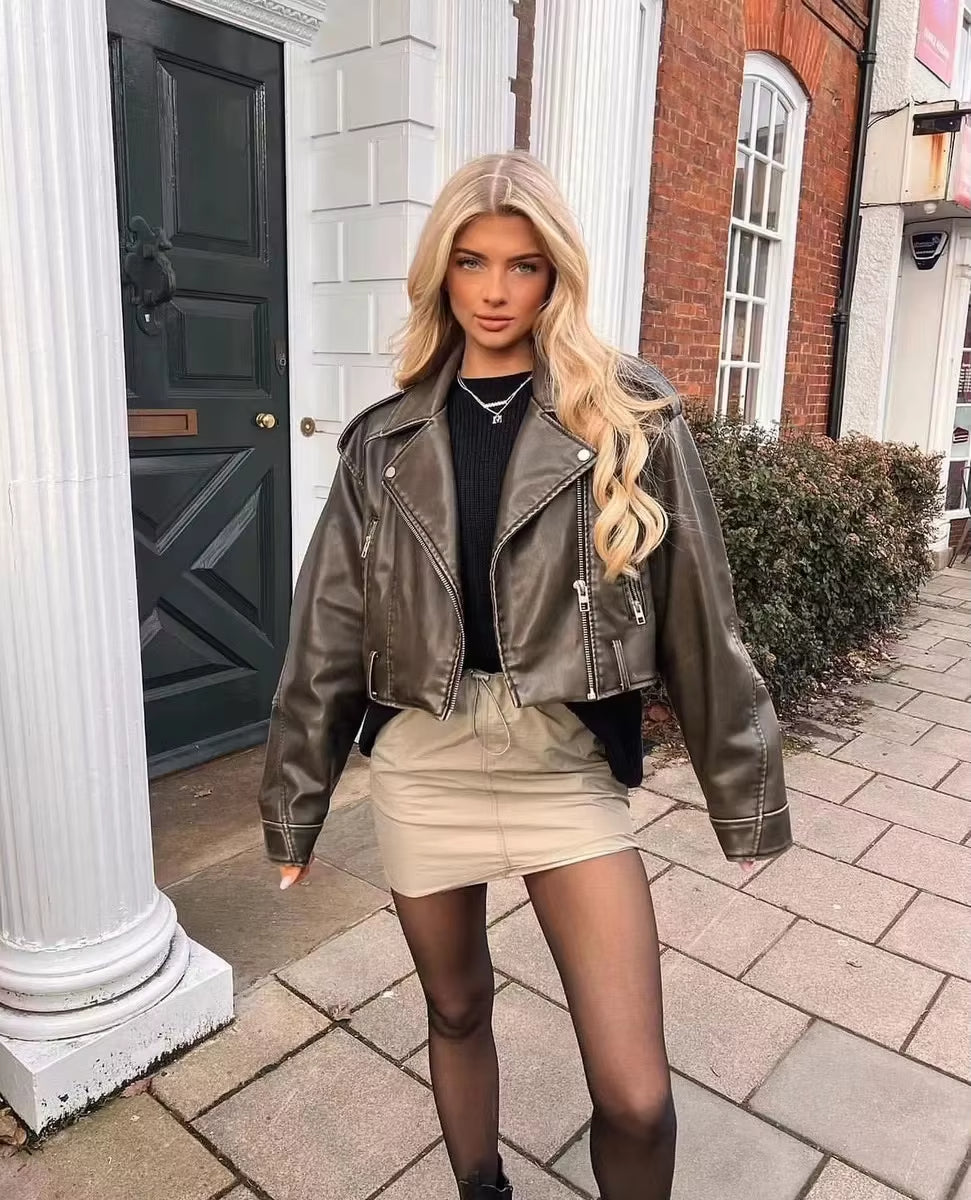 2026 New Coal graysty le Women's washed leather jacket with belt, short coat with downgraded zipper and vintage lapel jacket