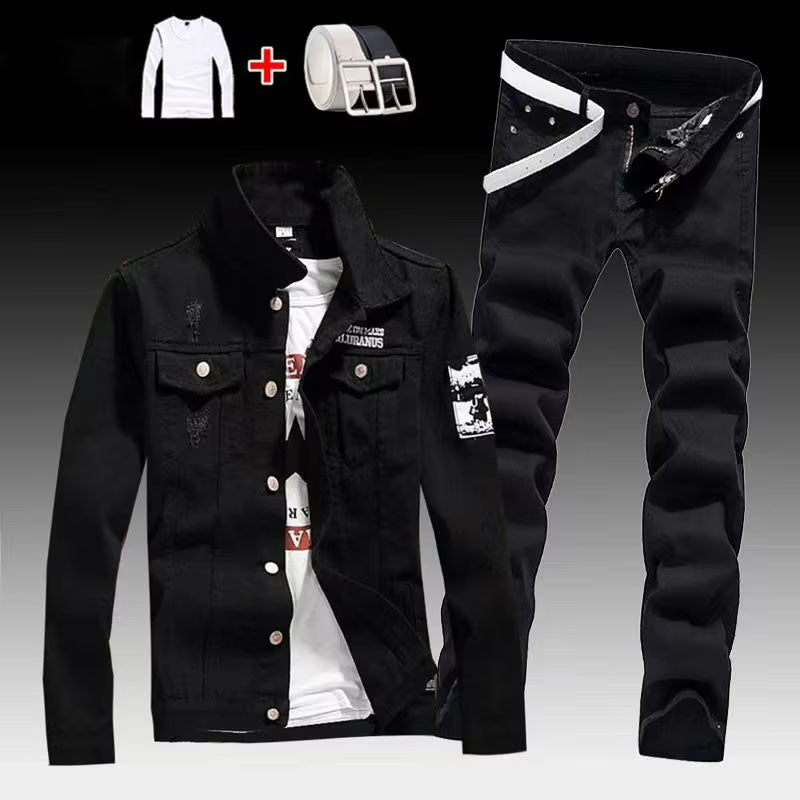 Black Denim Jacket and Jeans Set, Men Slim Fit Outfit, Casual Streetwear Suit for Men