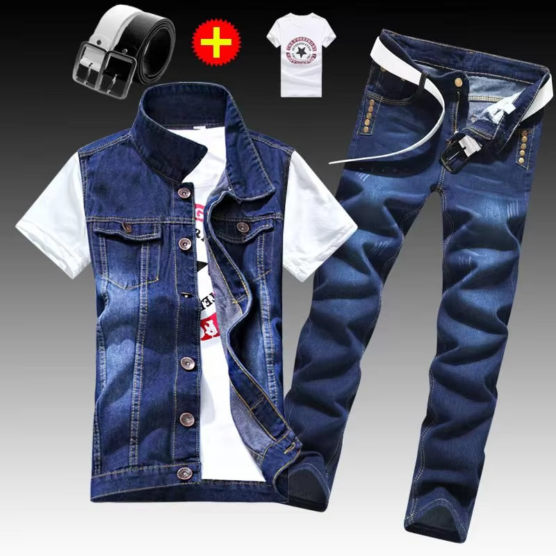 Men’s Slim Fit 3PCS Denim Set – Sleeveless Jacket, T-Shirt & Pencil Pants, Casual Spring Autumn Outfit for Men
