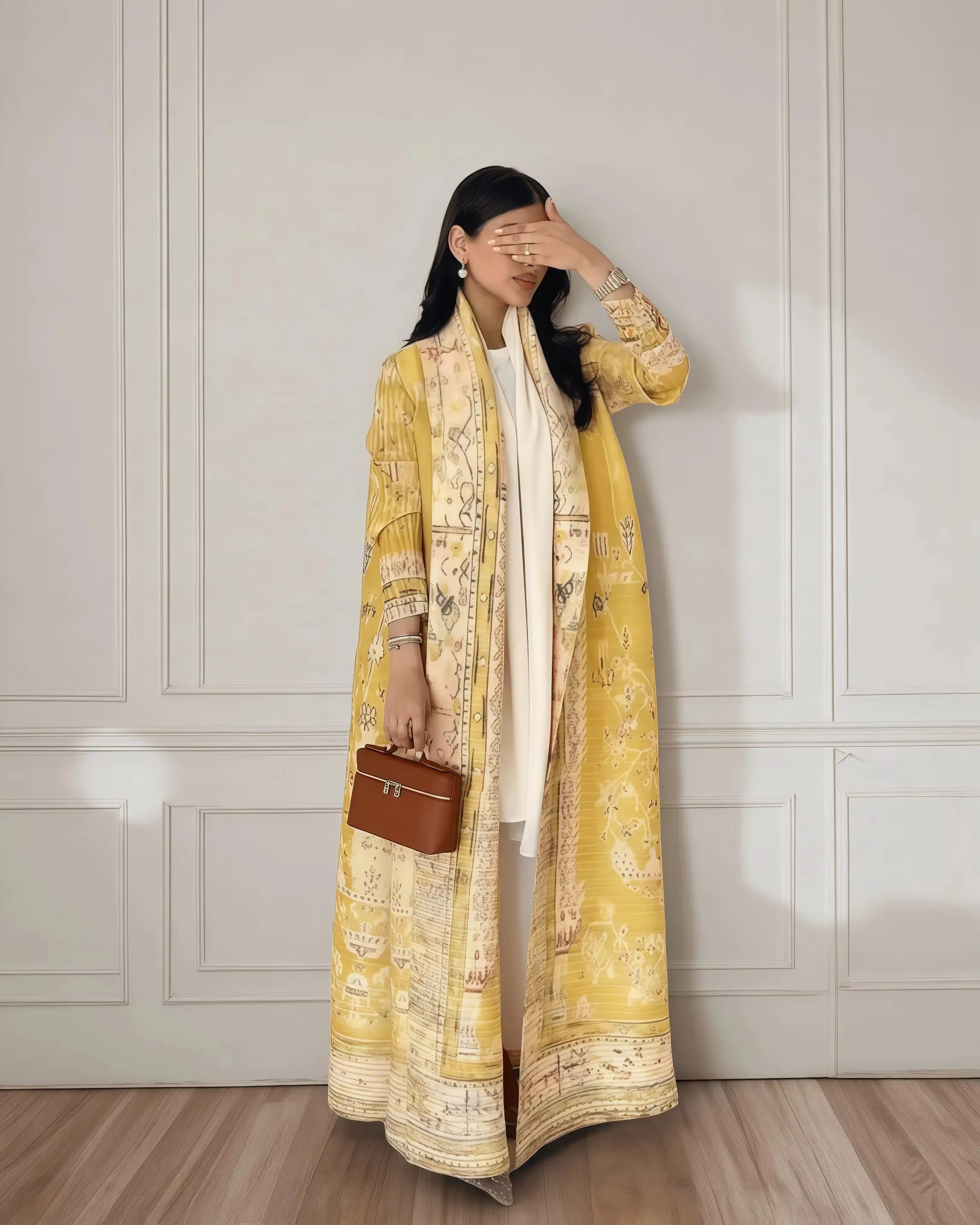 Elegant Pleated Open Front Abaya – Vintage Print Miyake Style Kimono Cardigan, Lightweight Modest Long Robe