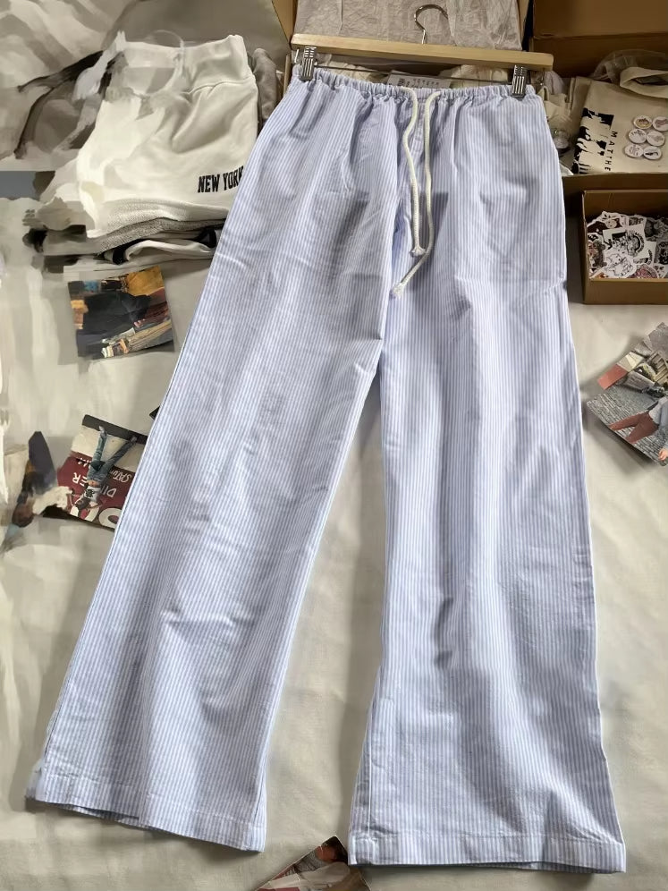 Blue Stripes Drawstring Long Pant Autumn High Waist Casual Loose Trouser Woman Streetwear Preppy Style Sweet Cute Straight Pants