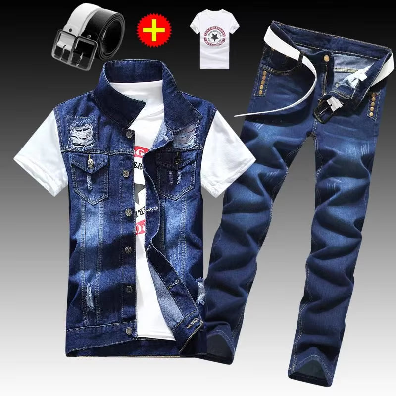 Men’s Slim Fit 3PCS Denim Set – Sleeveless Jacket, T-Shirt & Pencil Pants, Casual Spring Autumn Outfit for Men