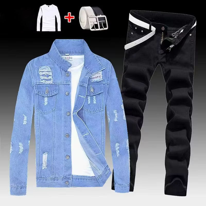 Men's Distressed Light Wash Denim Jacket, Slim Fit Streetwear Jean Coat for Casual Wear
