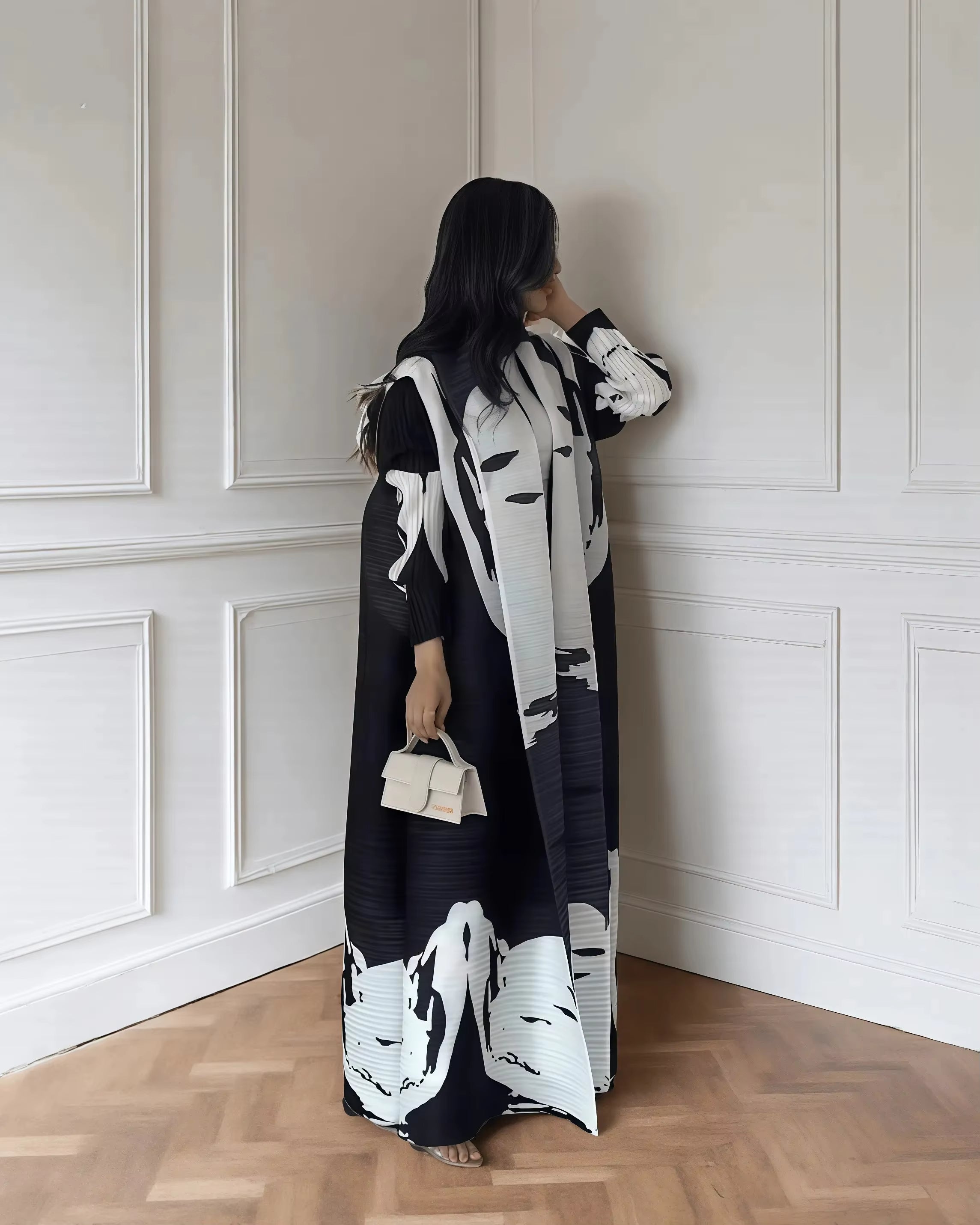 Elegant Pleated Open Front Abaya – Vintage Print Miyake Style Kimono Cardigan, Lightweight Modest Long Robe