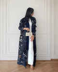Elegant Pleated Open Front Abaya – Vintage Print Miyake Style Kimono Cardigan, Lightweight Modest Long Robe