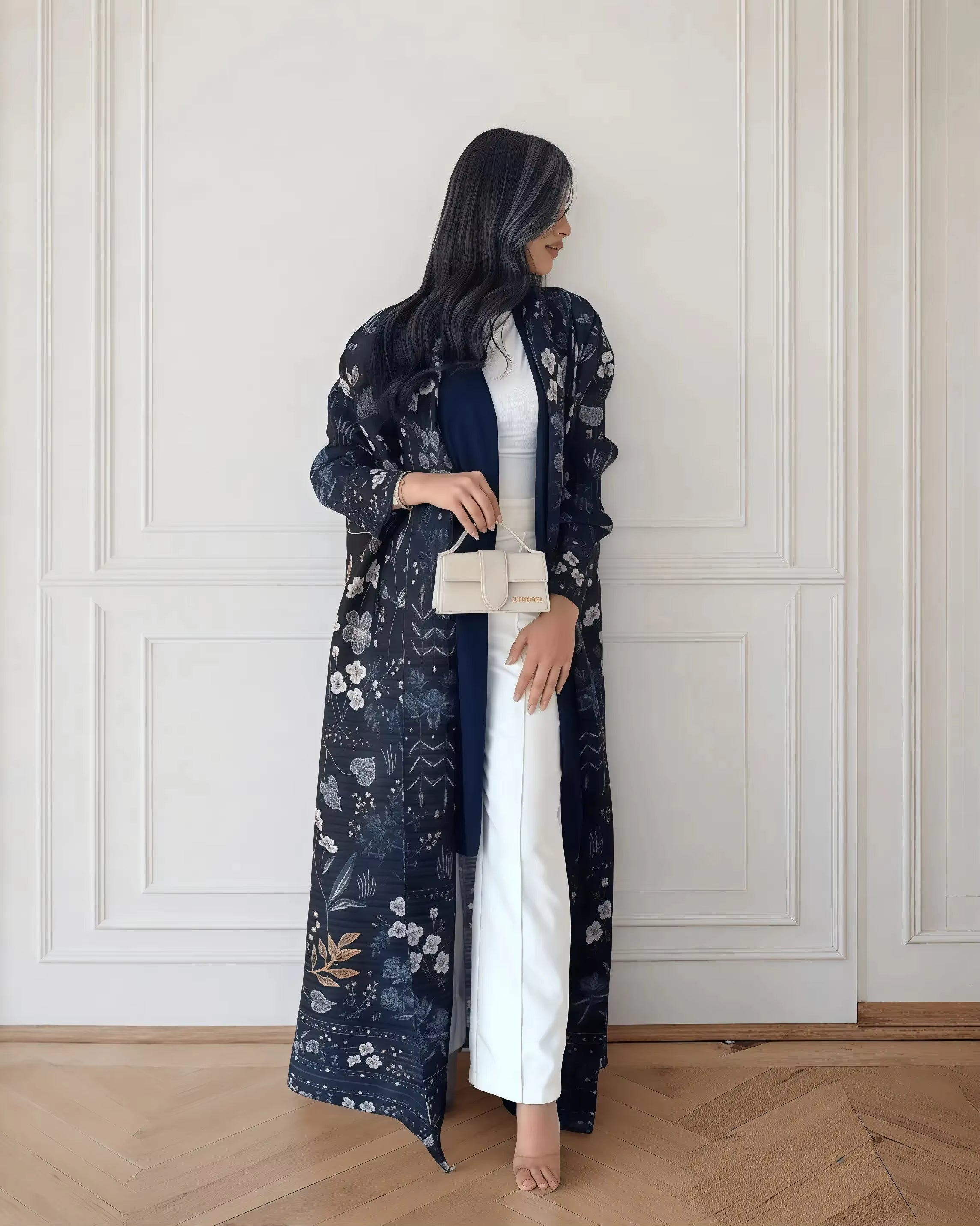 Elegant Pleated Open Front Abaya – Vintage Print Miyake Style Kimono Cardigan, Lightweight Modest Long Robe