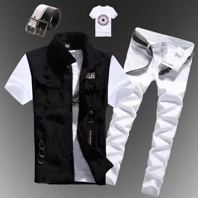 2pcs Set Mens Boys Casual Denim Vest Sleeveless Waistcoat -Jeans Pants Trousers for Summer Autumn Spring Free Send Tshirt Belt
