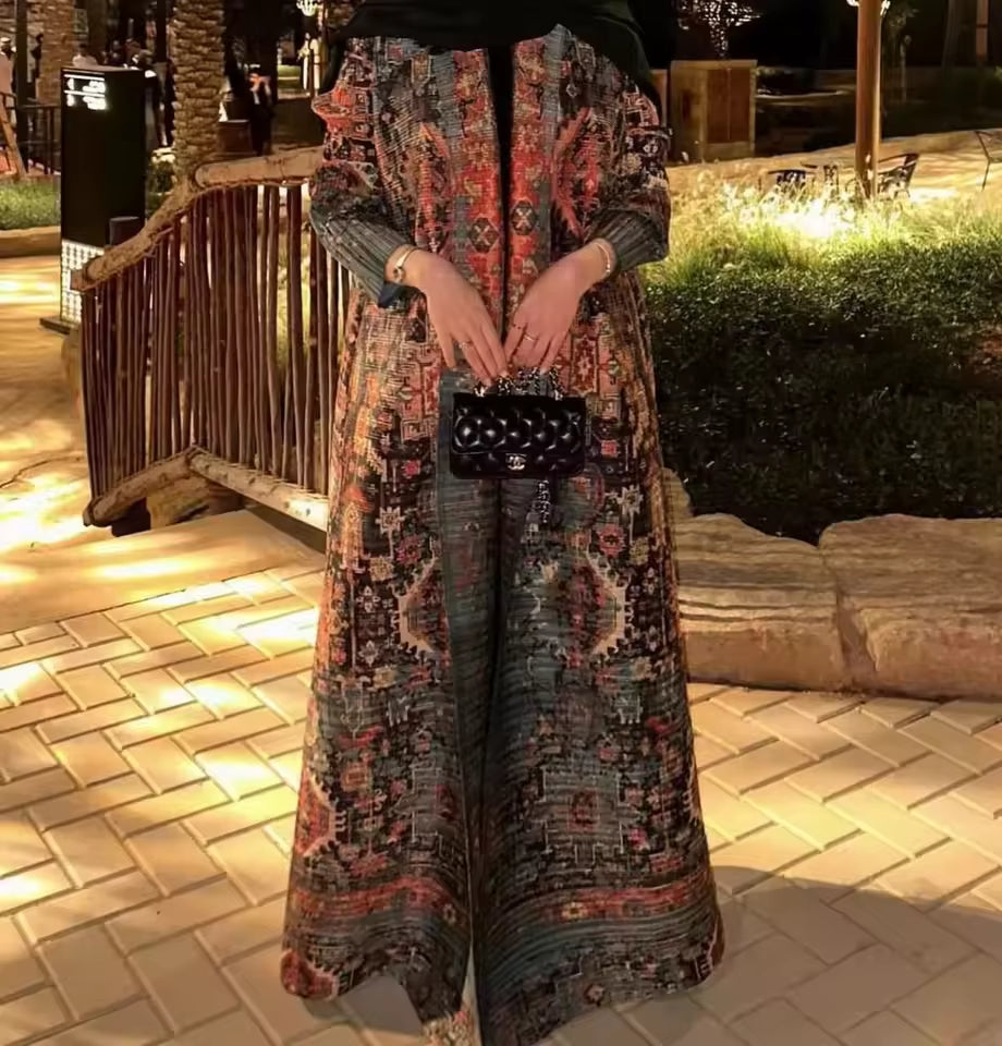 Elegant Pleated Open Front Abaya – Vintage Print Miyake Style Kimono Cardigan, Lightweight Modest Long Robe