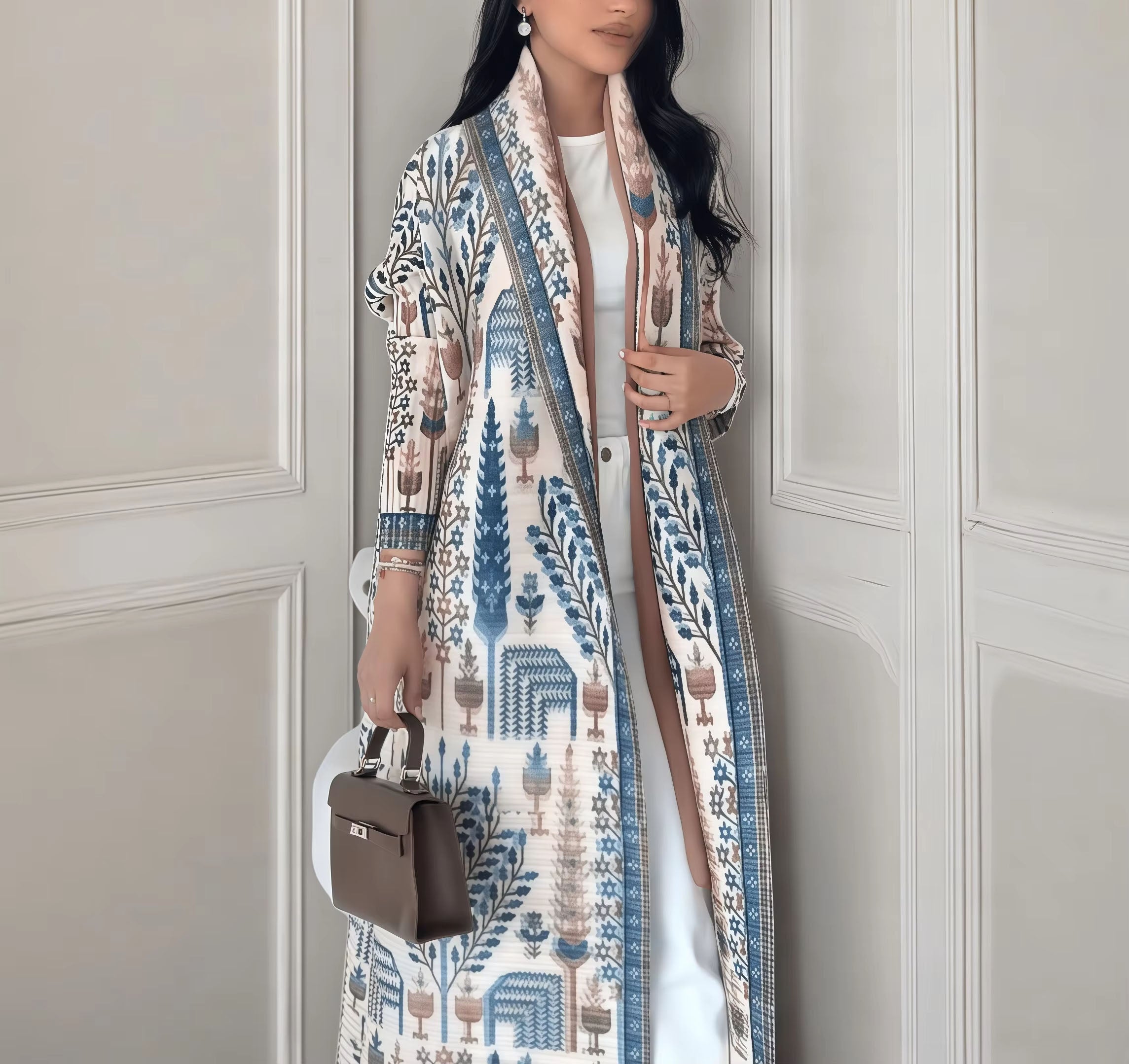 Elegant Pleated Open Front Abaya – Vintage Print Miyake Style Kimono Cardigan, Lightweight Modest Long Robe