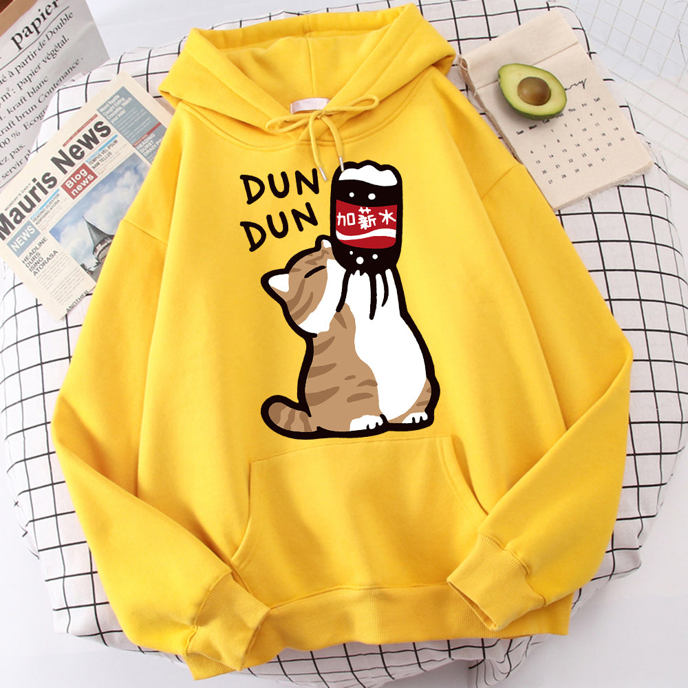 Cartoon Cat Drink Salary Increase Beverages Mens Hooded Jacket, Casual Cartoon Hoodies Pleasure Sweatshirts Home Harajuku Tops