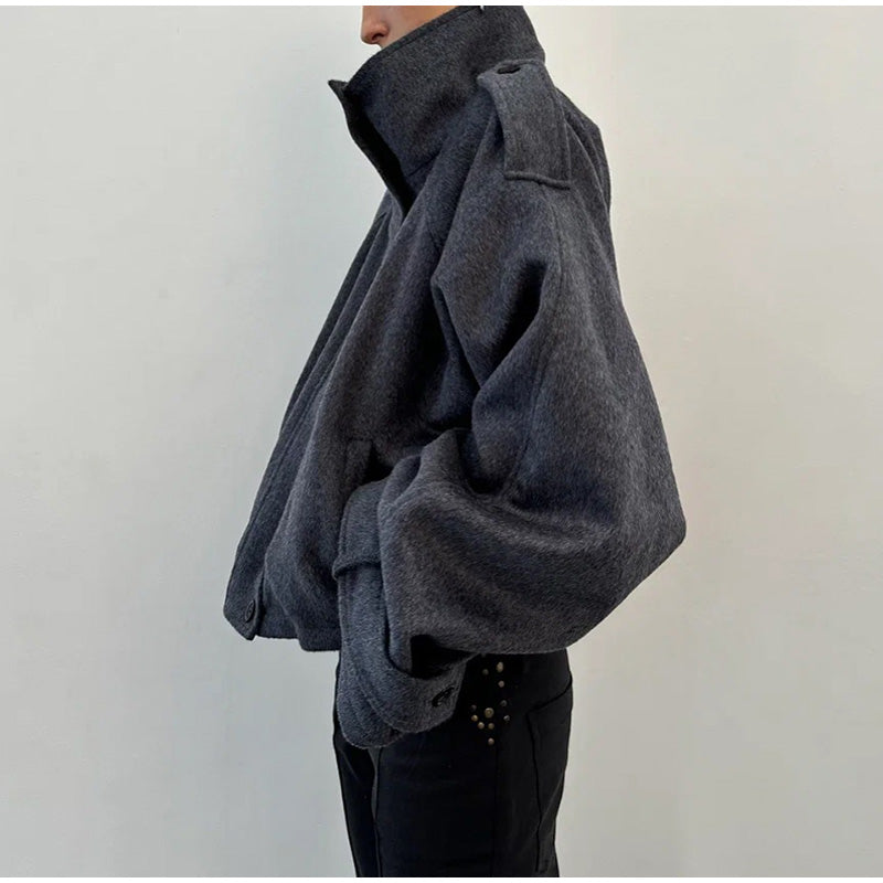 Fashion Short Woolen Coat For Women Stand Collar Full Sleeve Loose Zipper Jacket Female 2026 Autumn Winter Solid Lady Outwear
