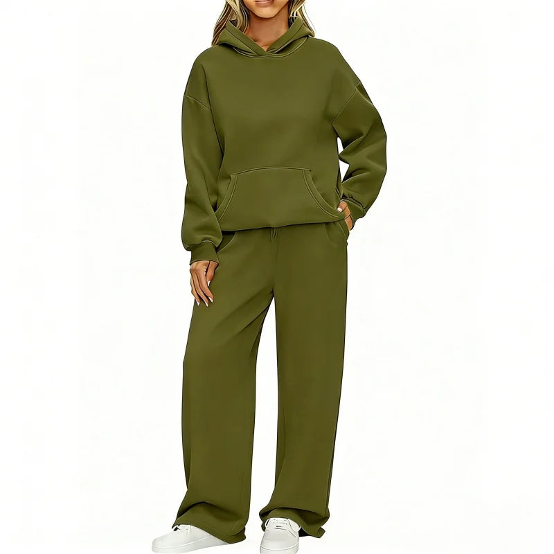 Model in olive green oversized hoodie and wide-leg sweatpants set, front view