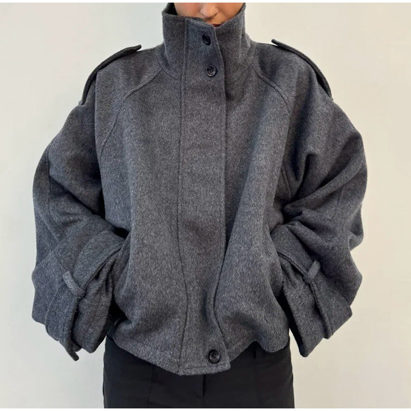 Fashion Short Woolen Coat For Women Stand Collar Full Sleeve Loose Zipper Jacket Female 2026 Autumn Winter Solid Lady Outwear