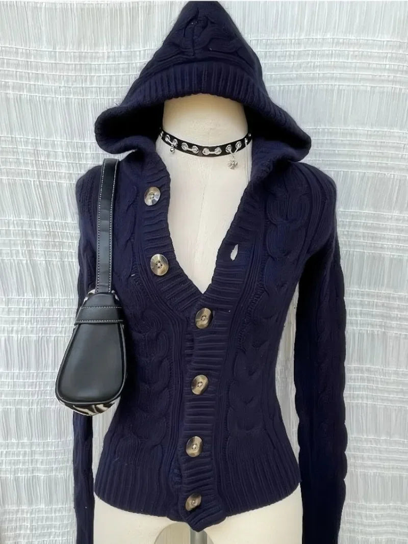 Navy hooded cable-knit button cardigan on a mannequin, front view