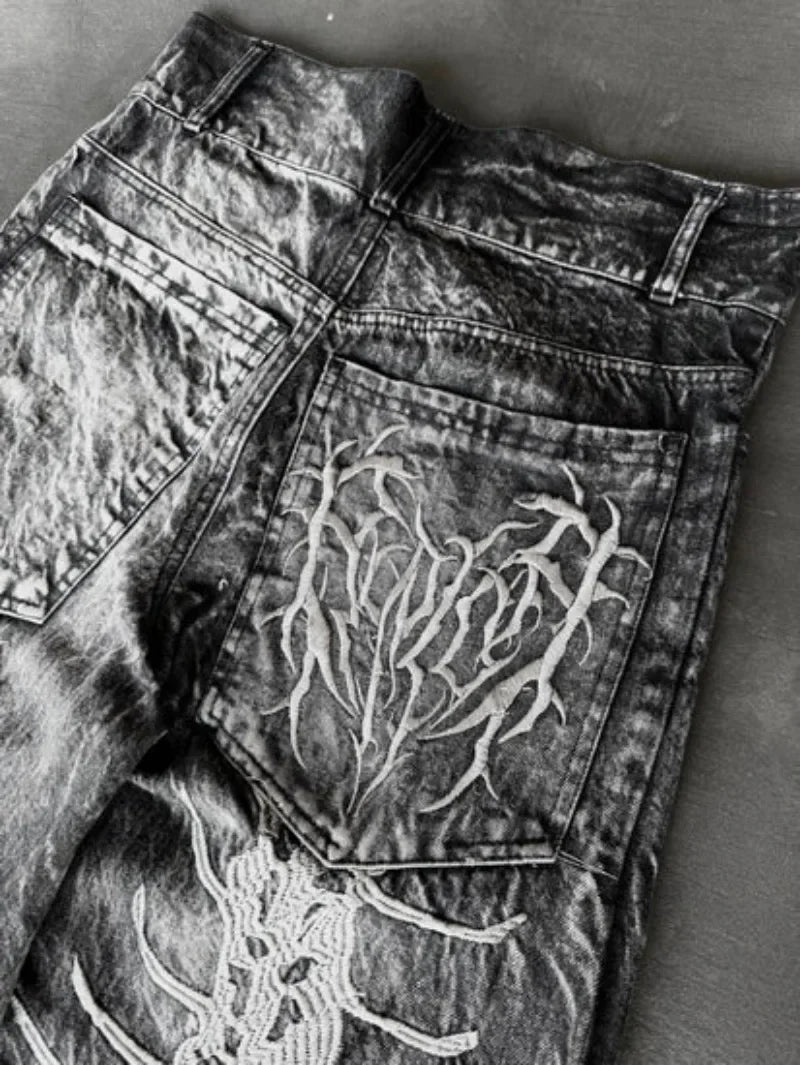 American Trend Retro Gothic Embroidery Graphics Washed Baggy Jeans Women's New Harajuku Hip-Hop Punk Rock Couple Street Wear