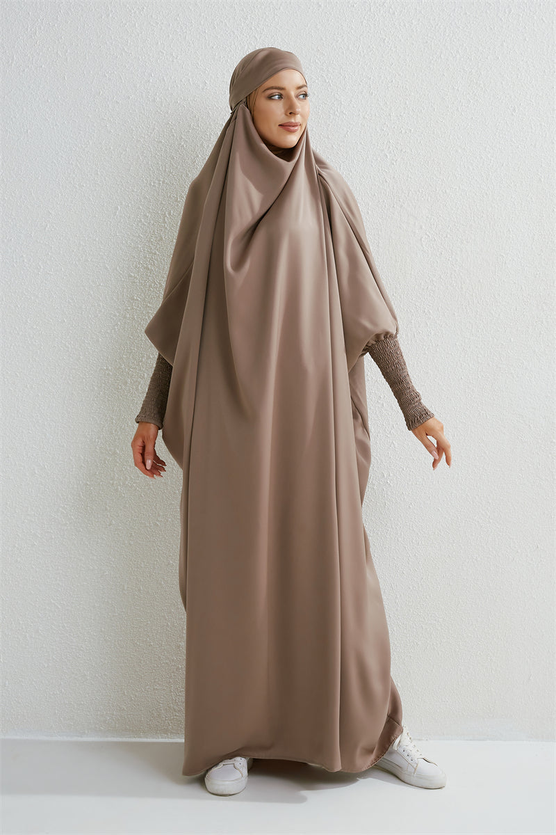 Hooded Muslim Prayer Abaya – Smocked Sleeve Jilbab Dress, Loose Modest One-Piece Islamic Robe for Women