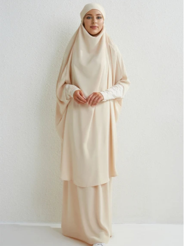 2-Piece Muslim Prayer Set – Hooded Smocked Sleeve Top & Maxi Skirt with Hijab, Modest Abaya Outfit for Women