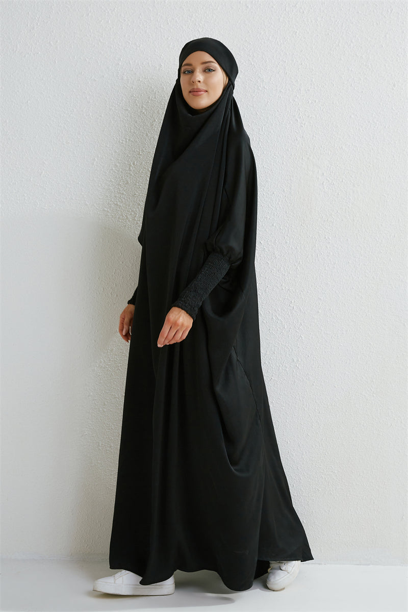 Hooded Muslim Prayer Abaya – Smocked Sleeve Jilbab Dress, Loose Modest One-Piece Islamic Robe for Women