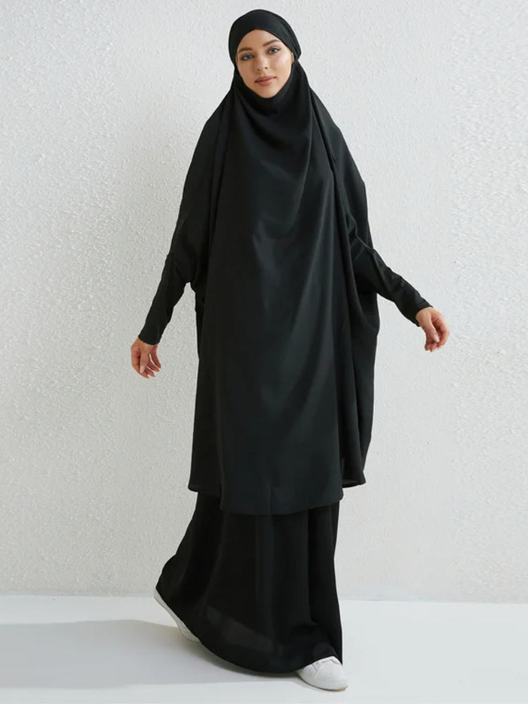 2-Piece Muslim Prayer Set – Hooded Smocked Sleeve Top & Maxi Skirt with Hijab, Modest Abaya Outfit for Women