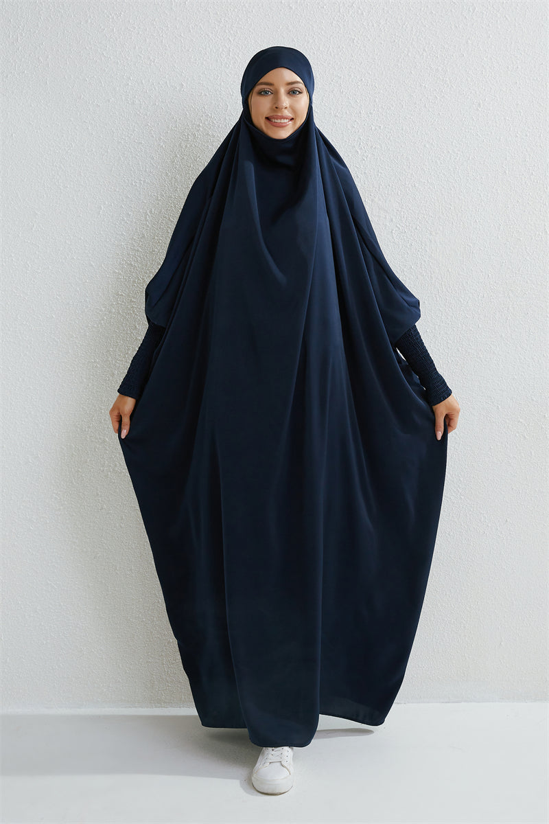 Hooded Muslim Prayer Abaya – Smocked Sleeve Jilbab Dress, Loose Modest One-Piece Islamic Robe for Women