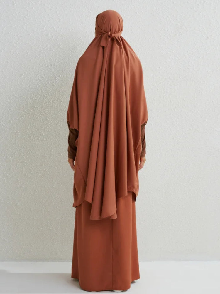 2-Piece Muslim Prayer Set – Hooded Smocked Sleeve Top & Maxi Skirt with Hijab, Modest Abaya Outfit for Women
