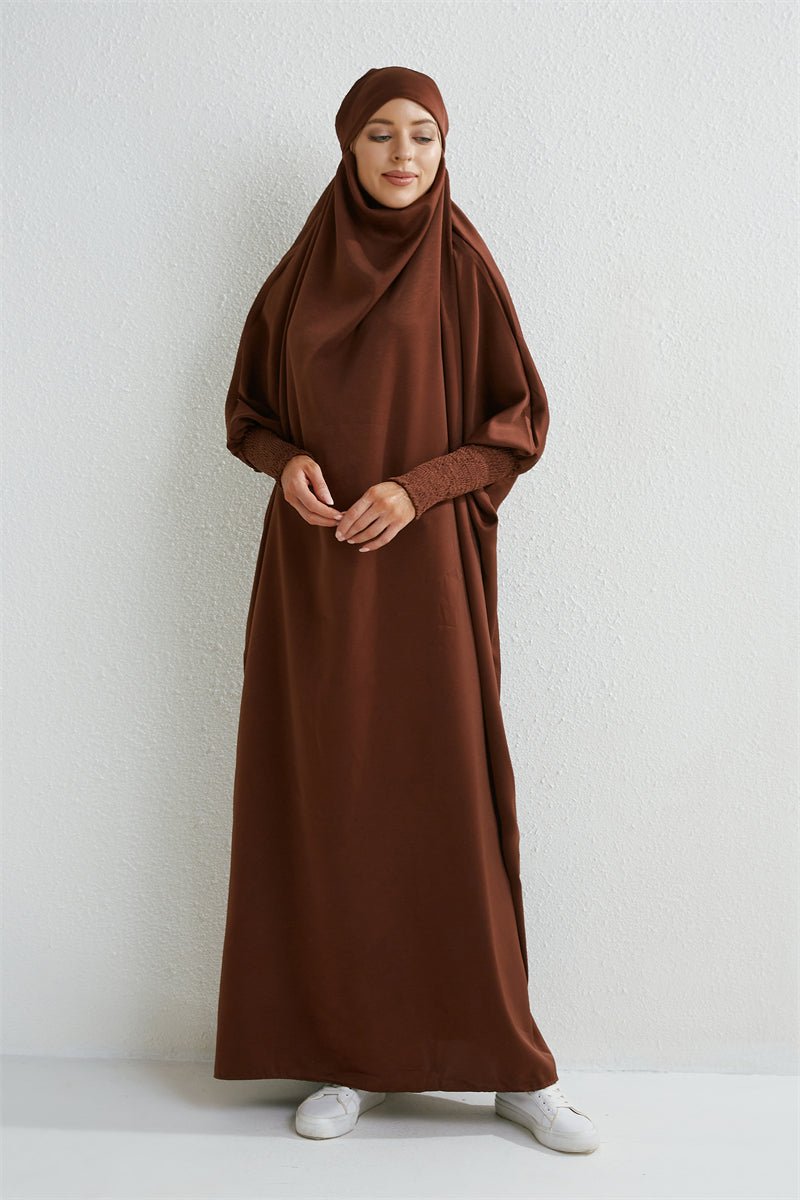 Hooded Muslim Prayer Abaya – Smocked Sleeve Jilbab Dress, Loose Modest One-Piece Islamic Robe for Women