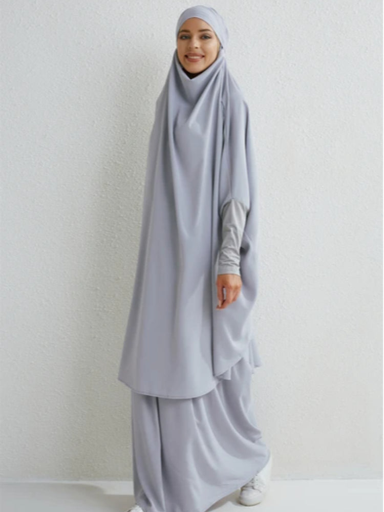 2-Piece Muslim Prayer Set – Hooded Smocked Sleeve Top & Maxi Skirt with Hijab, Modest Abaya Outfit for Women
