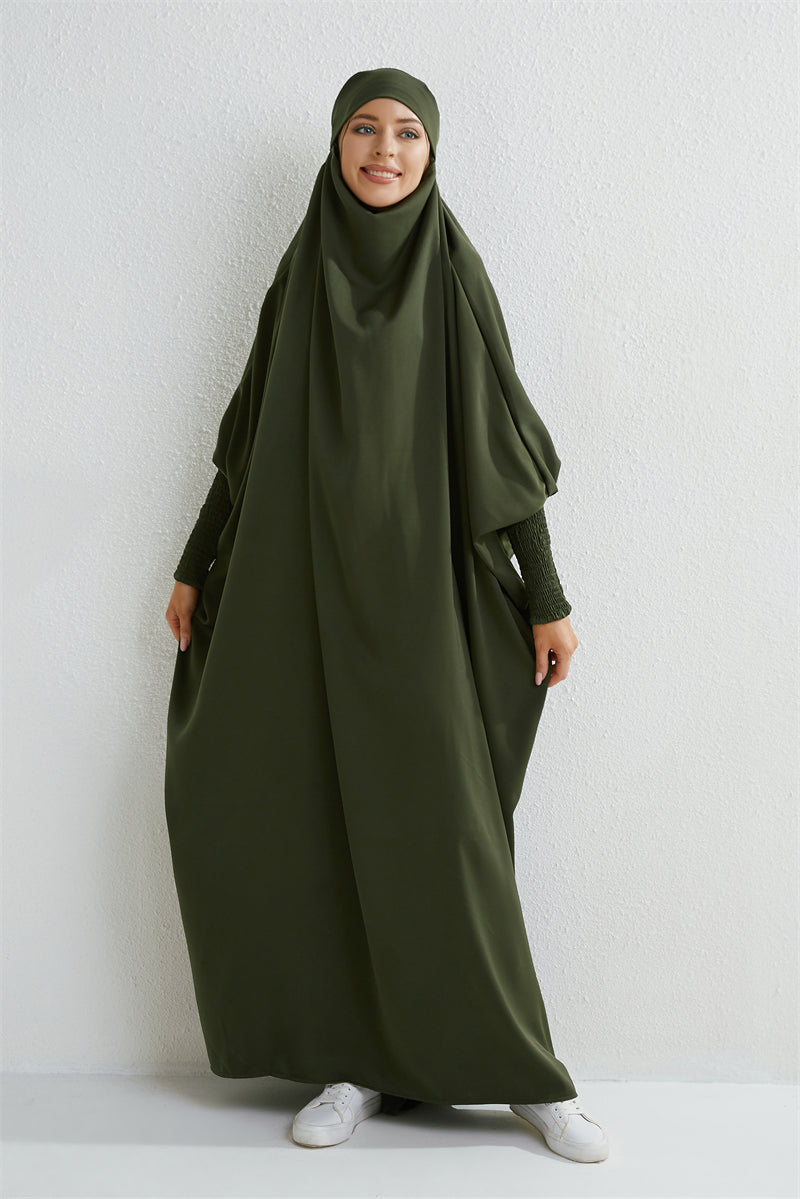 Hooded Muslim Prayer Abaya – Smocked Sleeve Jilbab Dress, Loose Modest One-Piece Islamic Robe for Women