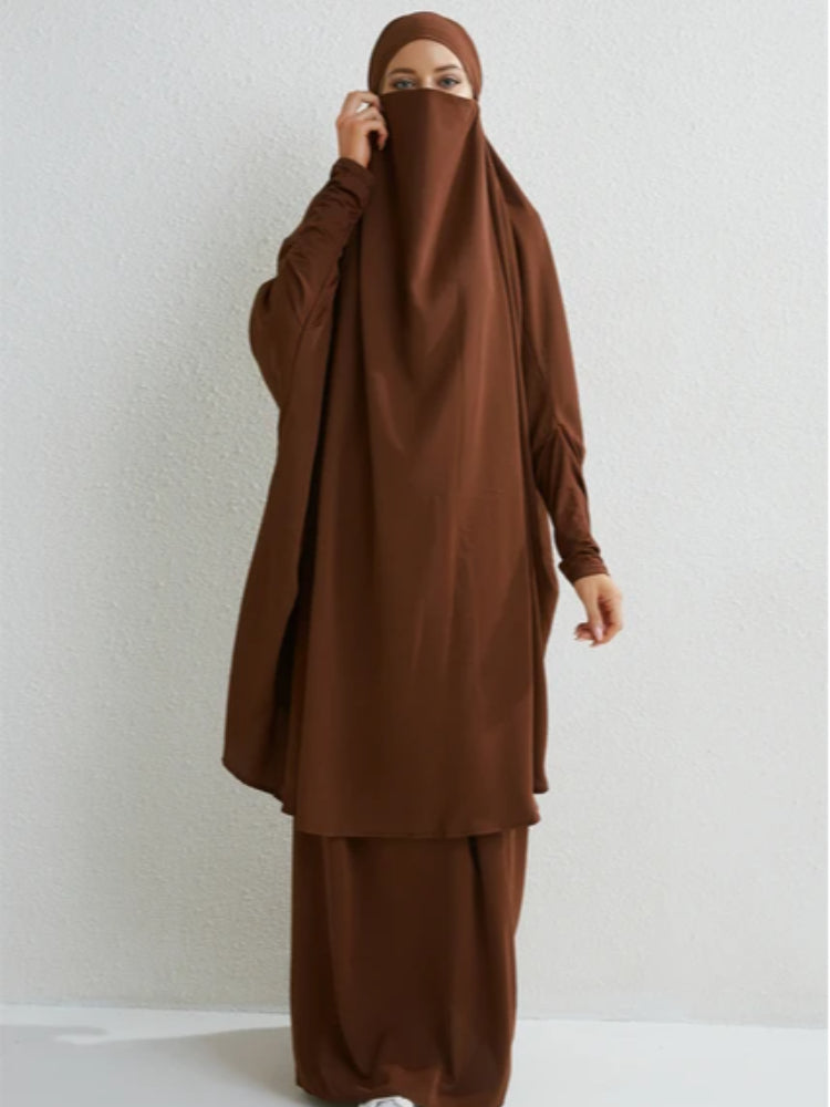 2-Piece Muslim Prayer Set – Hooded Smocked Sleeve Top & Maxi Skirt with Hijab, Modest Abaya Outfit for Women
