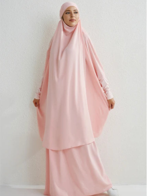 2-Piece Muslim Prayer Set – Hooded Smocked Sleeve Top & Maxi Skirt with Hijab, Modest Abaya Outfit for Women