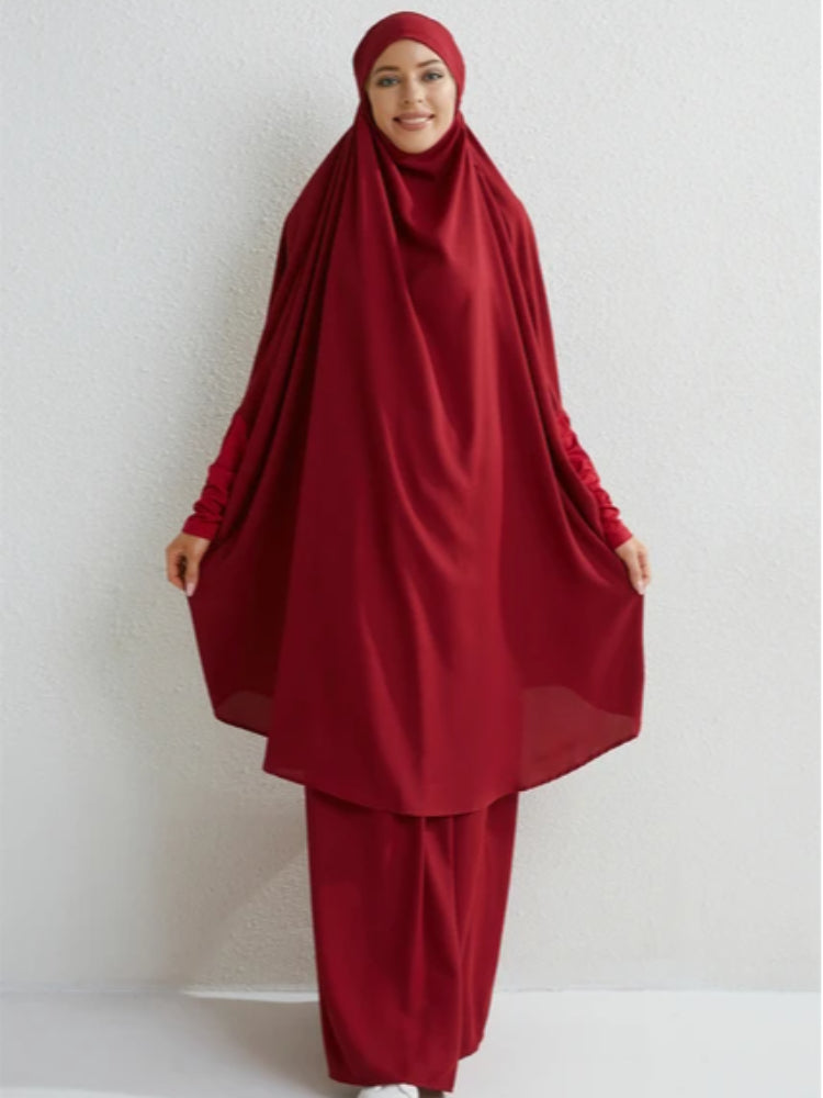 2-Piece Muslim Prayer Set – Hooded Smocked Sleeve Top & Maxi Skirt with Hijab, Modest Abaya Outfit for Women