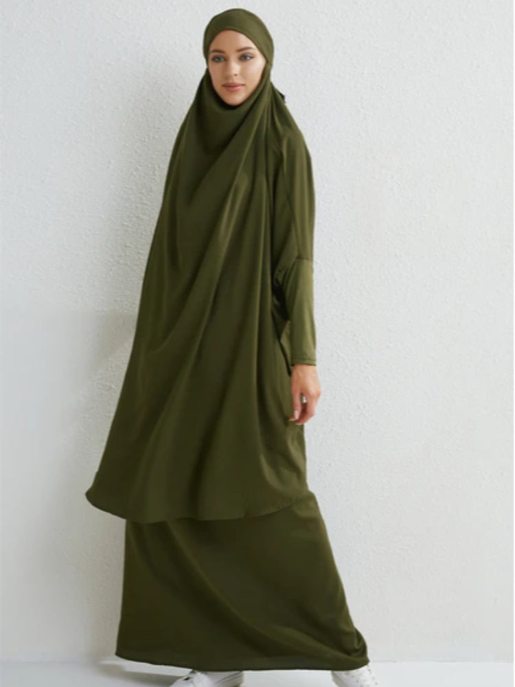 2-Piece Muslim Prayer Set – Hooded Smocked Sleeve Top & Maxi Skirt with Hijab, Modest Abaya Outfit for Women