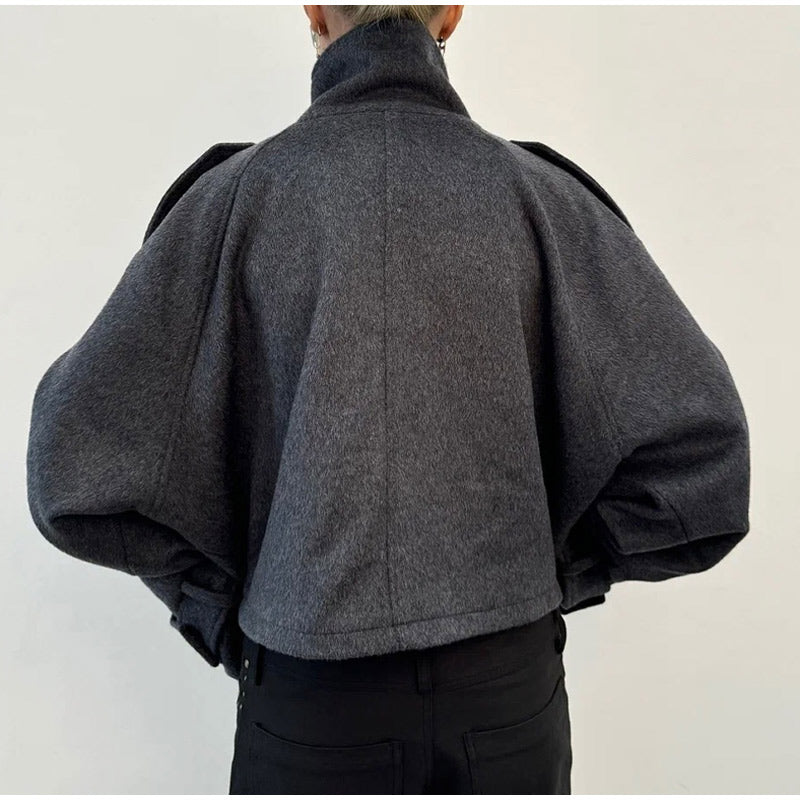 Fashion Short Woolen Coat For Women Stand Collar Full Sleeve Loose Zipper Jacket Female 2026 Autumn Winter Solid Lady Outwear