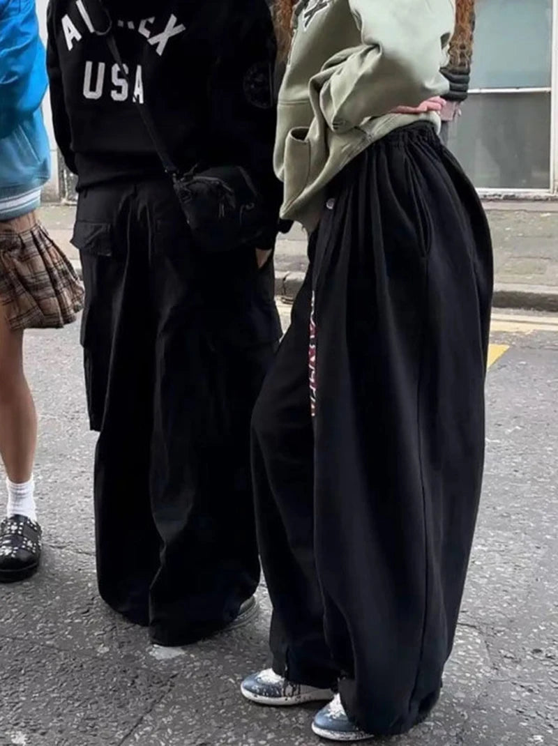 American Retro Hip-Hop Oversized Woman Black Casual Sweatpants Korean Streetwear Loose Jogging Pants High Waist Wide-Leg Pants