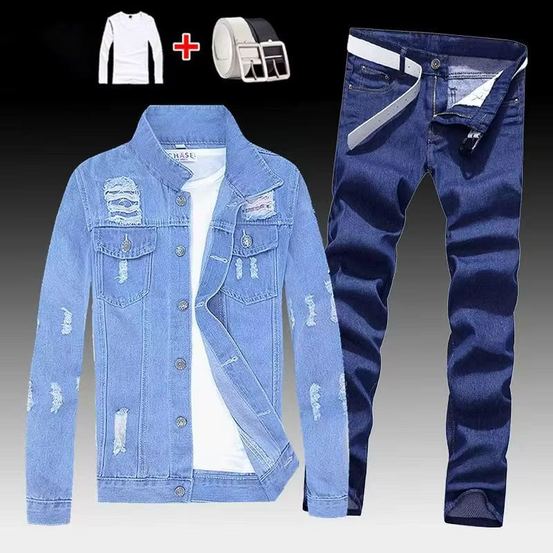 Light Blue Distressed Denim Jacket and Jeans Set for Men, Slim Fit Casual Streetwear Outfit