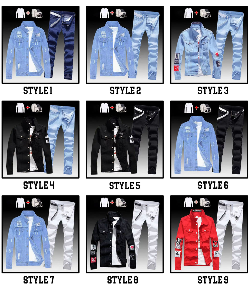 Men Slim Fit Denim Jacket Pants Set, 2 Piece Streetwear Outfit, Slim Fit Jean Set, Hip Hop Casual Outfit, Black Blue Red White Styles