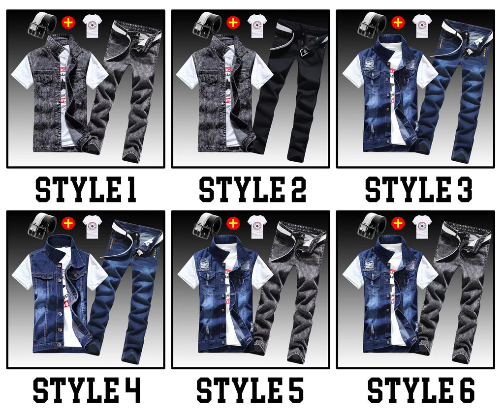 Men’s Slim Fit 3PCS Denim Set – Sleeveless Jacket, T-Shirt & Pencil Pants, Casual Spring Autumn Outfit for Men