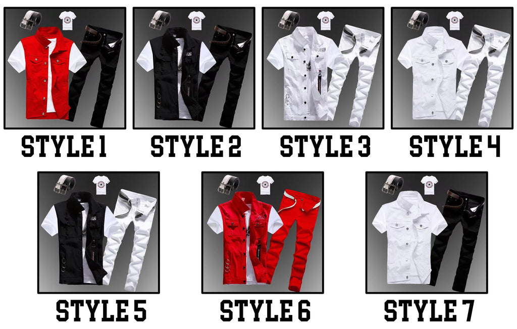 2pcs Set Mens Boys Casual Denim Vest Sleeveless Waistcoat -Jeans Pants Trousers for Summer Autumn Spring Free Send Tshirt Belt