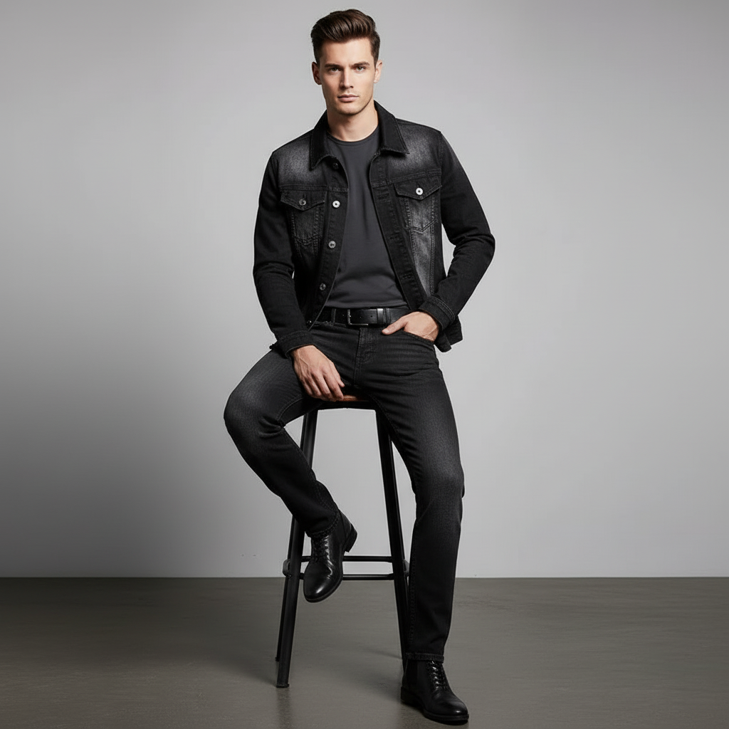 Men's Black Washed Denim Jacket and Jeans Set, Slim Fit Casual Street Style Outfit for Men