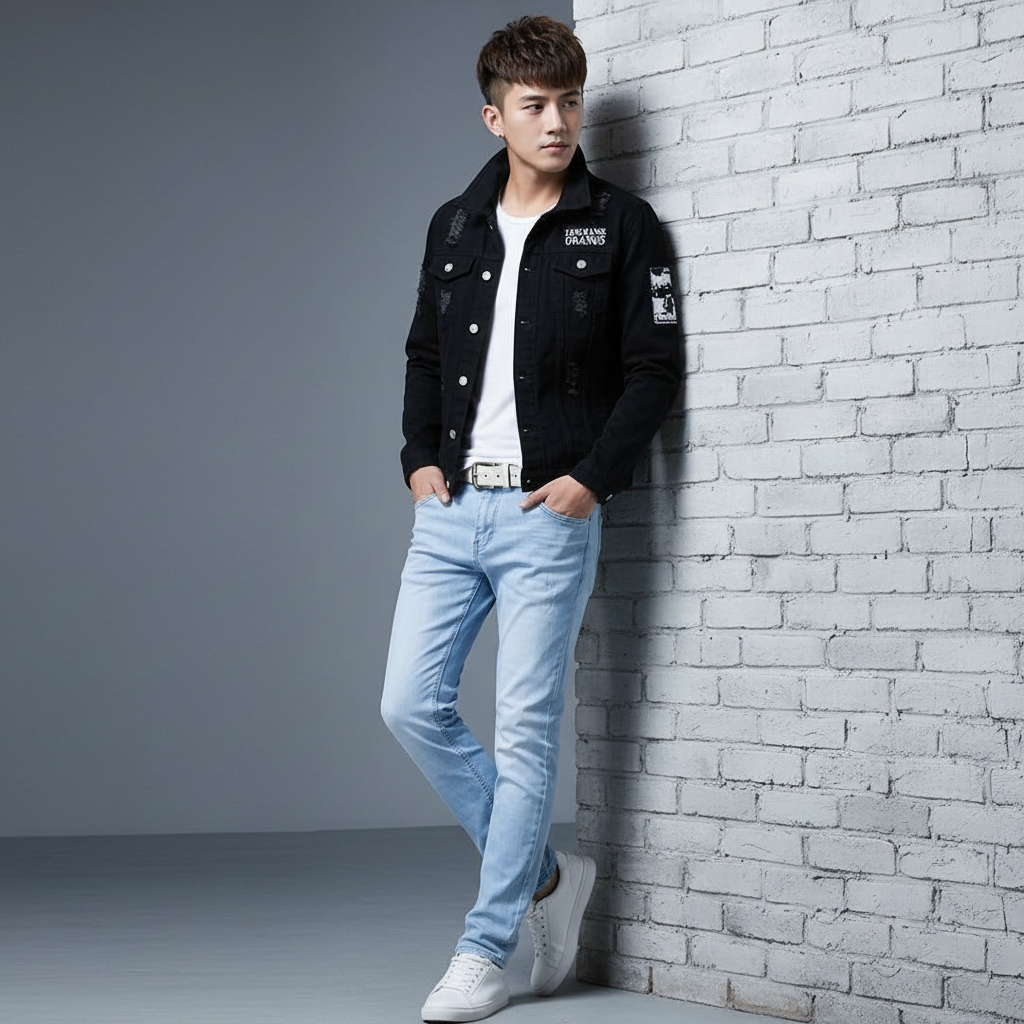 Men's Black Denim Jacket with Light Blue Slim Fit Jeans, Casual Streetwear 2 Piece Outfit Set